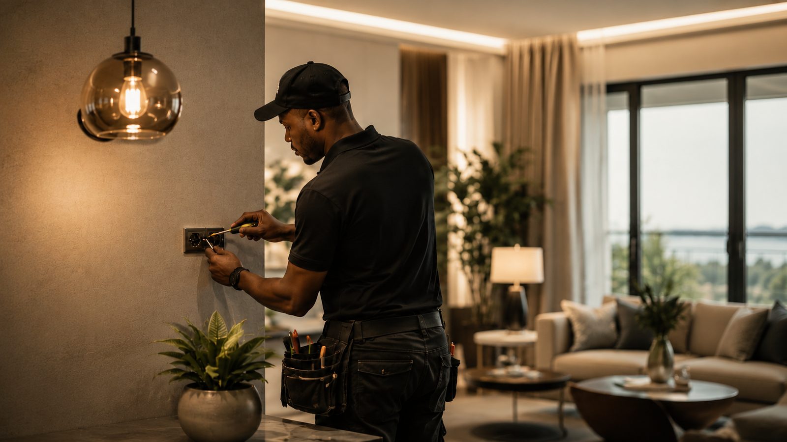 PPE&A Contracting technician installing a socket in a modern Mauritius home